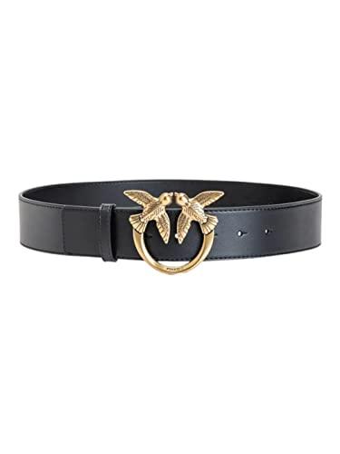Cintura Pinko Love Berry Simply H4 in Pelle Nera con Fibbia Love Birds Oro Antico