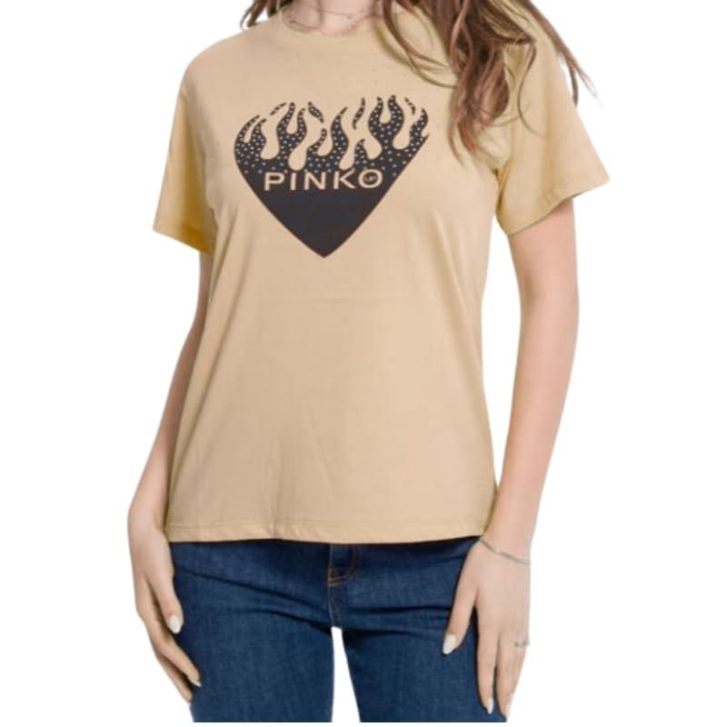 Pinko Up T-Shirt Cuore con Brillantini Nocciola
