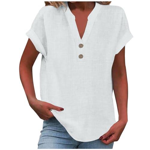 Camicia Donna Elegante in Cotone e Lino - Blusa a Maniche Corte con Scollo a V