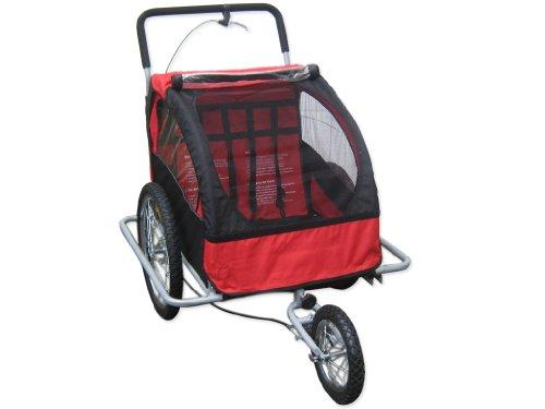 Rimorchio bici 2 in 1 convertibile in passeggino e jogger per due bambini, colore: Rosso/Nero