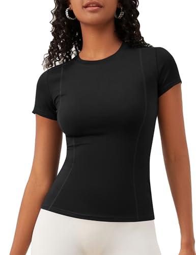 IECCP Maglietta sportiva da donna, a maniche corte, girocollo, traspirante, atletica, corsa, palestra, yoga, top fitness, taglie XS-XL, Nero , M