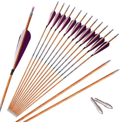 12 Pezzi Viola Bianco Piuma Frecce da Caccia Spine 800 Simile al Legno Freccia con Albero in Carbonio ID 4,2 mm per Caccia Pratica Tiro con L'Arco（30inch）