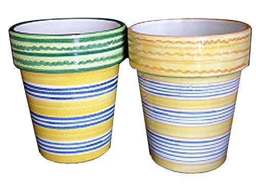 Vasi a righe 2 pezzi in ceramica di Vietri dipinti a mano + sottovasi in ceramica blu