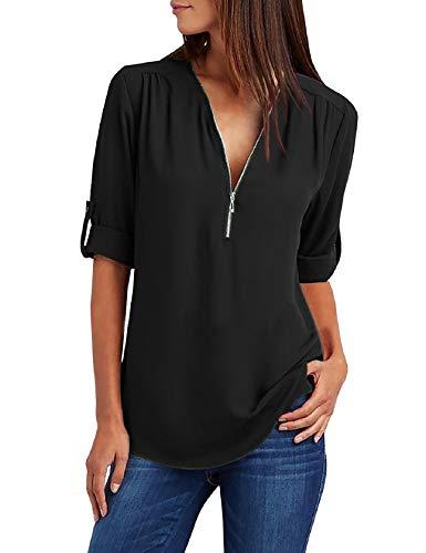 Tuopuda Maglietta Donna Estiva Camicetta Manica Lunga Camicia Elegante Blusa Moda T-Shirt Scollo a V Top con Cerniera Tee Maglietta Casual Shirt Tinta Unita Pullover Taglie Forti, Nero, M
