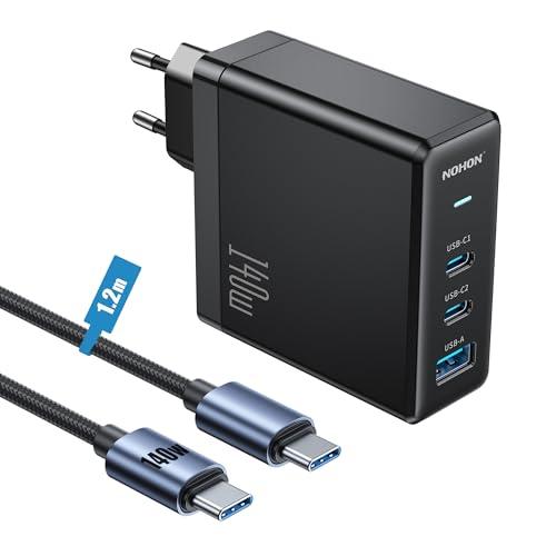 NOHON 140W Caricatore USB C Rapido Caricabatterie: PD 3.0 GaN Alimentatore con 140W 1.2M Cavo Tipo C Ricarica Rapido, 3-Porte Compatibile con iPhone 12 13 14 15 16 MacBook iPad Laptop Samsung S24 S23