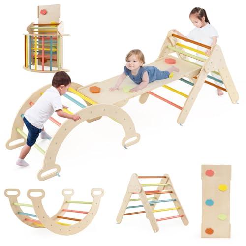 COSTWAY Set da Arrampicata 4 in 1 per Bambini - Triangolo, Arco e Rampa (Macaron)