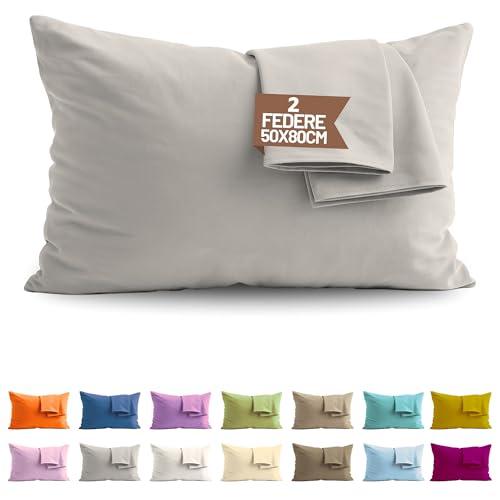 Set 2 Federe Cuscini Letto 50x80 Cotone 100%, Coppia Fodere con chiusura a Busta Made in Italy - Grigio