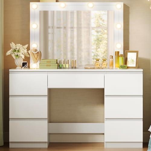 WOLTU Toeletta da Trucco con Specchio e Luci LED Regolabili, 7 Cassetti, Bianco