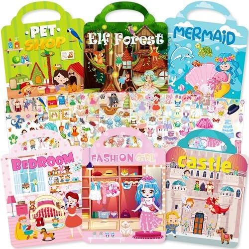 Aannanl Libri adesivi per ragazze dai 2 ai 4 anni ai 4-8 anni, set di libri di attività con adesivi gonfi - sirena,fate, castello della principessa, animale domestico, casa dei giochi, vestire