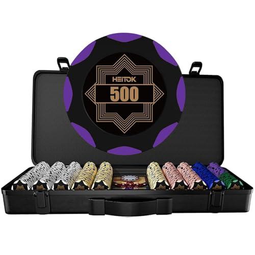 HEITOK Set da Poker 500 Fiches 14g in Argilla - Valigetta Robusta in Policarbonato e Bottone Dealer in Metallo, Kit Texas Holdem Professionale con 2 Mazzi di Carte per Serate Casinò Adulti