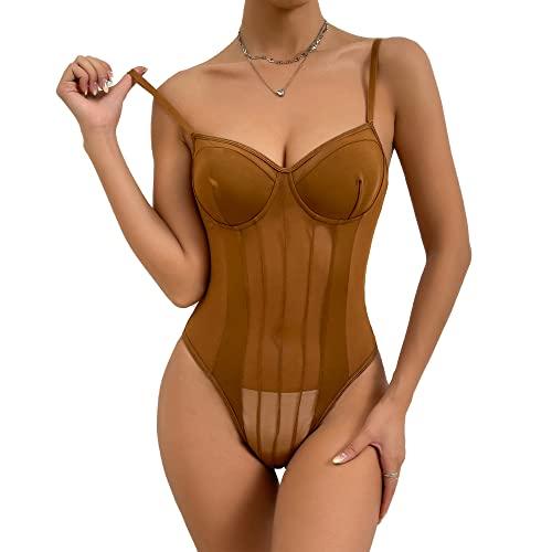 Body da Donna Sexy Spaghetti Cinturino Mesh Bodysuit Collo Quadrato Patchwork a Rete Trasparente Jumpsuits Elasticizzato Senza Maniche Going Out Leotard Top