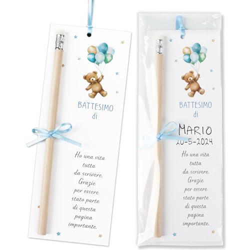 Segnaposto Battesimo Bimbo Orsetto Azzurro - 30 Pezzi con Matite e Bigliettini Ringraziamento