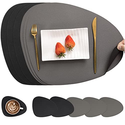 Myir JUN Tovagliette in Pelle e Sottobicchieri, Set Tovagliette Americana Plastica Lavabili Bifacciale Non-scivolose Impermeabile Triangolari (Set di 6, Grigio Nero)