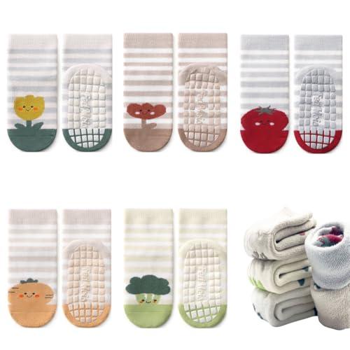 FedMois 5 paia calzini antiscivolo invernali termici in cotone bimbi bambini, piante, 1-3 anni