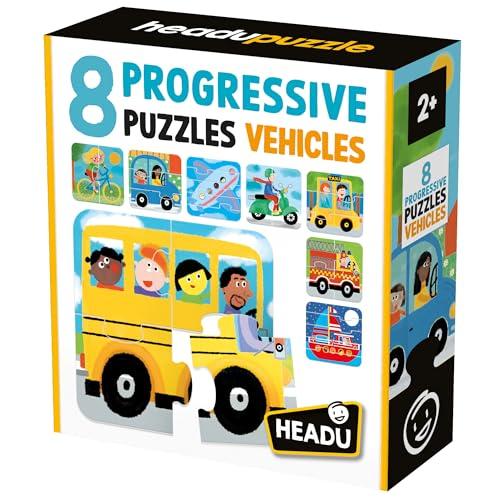 HEADU - 8 Progressive Puzzle Vehicles - Puzzle Educativo per Bambini