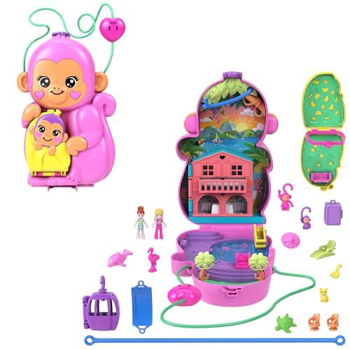Polly Pocket - Borsetta Mamma Scimmia e Scimmietta, playset 2-in-1 con bambole Polly e Lila, animali e 13 accessori inclusi, diventa una borsetta da indossare, giocattolo per bambini, 4+ anni, HWP04