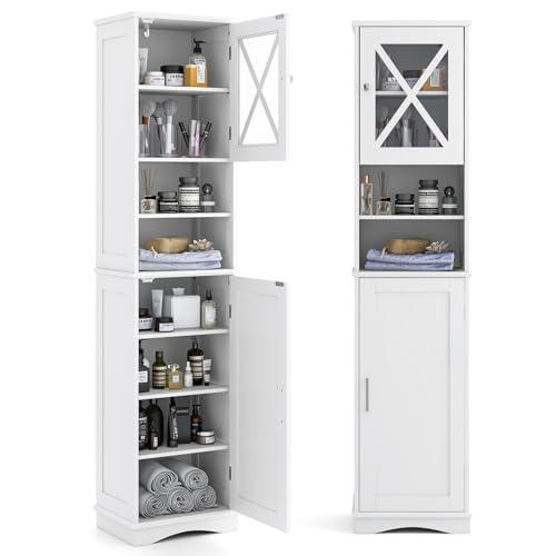 COSTWAY Mobile Bagno 40 x 30 x 170,5cm, Armadietto a Colonna Stretto e Alto con 5 Ripiani Regolabili e 2 Porte, Armadio da Terra in Legno per Soggiorno, Camera da Letto, Salotto e Cucina (Bianco)