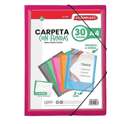 Starplast Cartelle con Buste - Cartelle in Plastica, Archiviatore, Portadocumenti, Chiusura Elastica, Formato A4, per Uso Scolastico e Ufficio - 30 Buste Rosa
