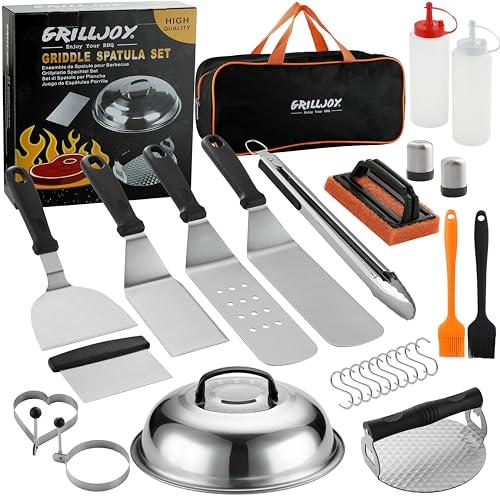 Grilljoy 28PCS Set Spatola Barbecue in Acciaio Inox, Kit Utensili Barbecue Completo per Cottura Teppanyaki e Campeggio - Set Spatola per Griglia con Burger Press, Set Barbecue Regalo per Uomo e Papà