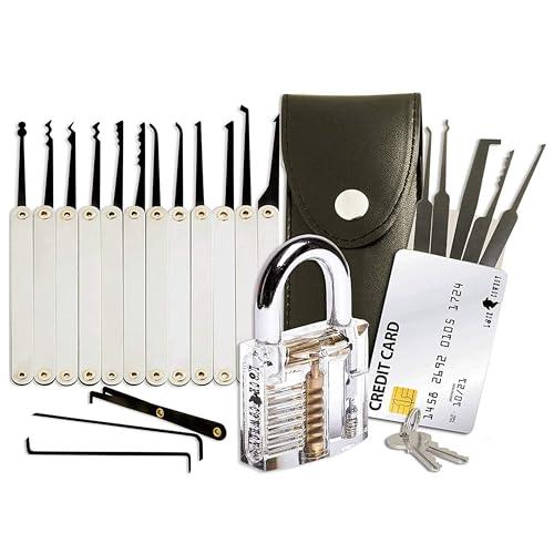 Lock Cowboy Set di 20 Pezzi per il Locksmith con Lucchetto da Allenamento Trasparente e Grimaldelli Carta di Credito - Chiave Universale per Lucchetti e Kit Apertura Lucchetti Completo