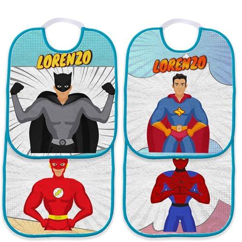 Set Asilo 4 Bavaglini Personalizzati - Supereroi Bordo Azzurro
