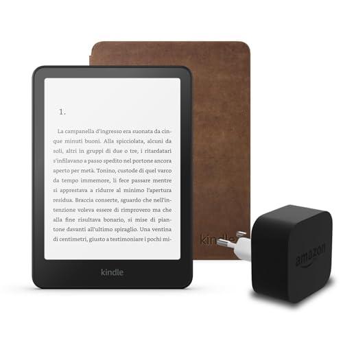 I'ultimo Kindle Paperwhite (versione 2024) da 16 GB con pubblicità, una custodia in pelle Amazon Premium e un alimentatore Amazon Powerfast da 9 W.