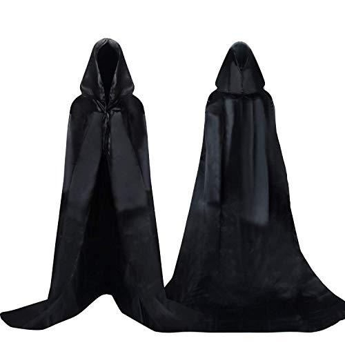 Proumhang Mantello Nero con Cappuccio Lungo in Raso - Costume Halloween, Natale, Masquerade