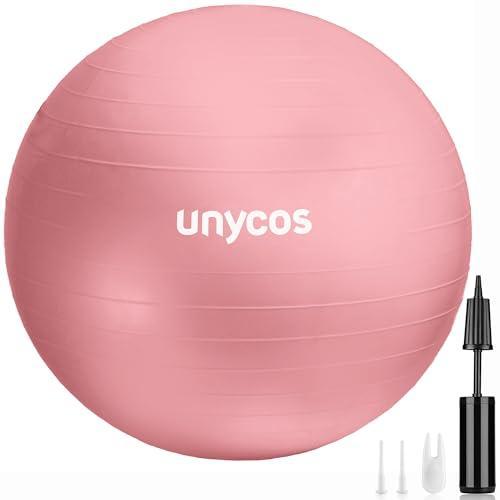 Unycos - Palla Fitness per Pilates e Yoga 65 cm, Gonfiatore Incluso, Fitball Antiscivolo, Supporta 300 kg, Anti-Sfondamento da Ginnastica/Gravidanza, Rafforzamento Addominale (Rosa Chiaro con Logo)