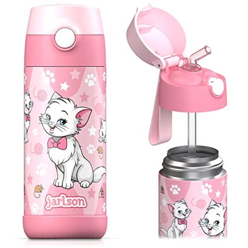 JARLSON® Borraccia Bambini Acciaio Inox, Bottiglia Termica, Senza BPA, Bottiglia Acqua con Cannuccia, Termos 350 ml (Gatto 2)