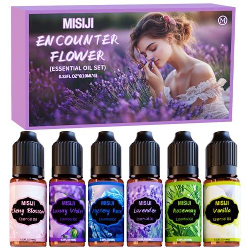 MISIJI Set di oli essenziali per diffusori,Aromaterapia Umidificatori Candele Fai da Te,Fiore di ciliegio,Rosa misteriosa,Rosmarino,Vaniglia,Lavanda,Viola di lusso