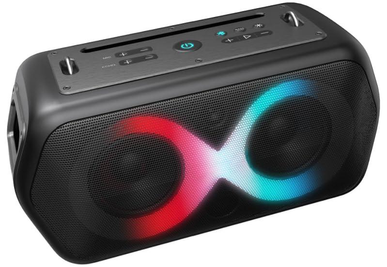 Majestic FIRE 39 - Speaker Wireless audio 5.3, Luci LED multicolor 13 effetti, ingressi USB/Micro SD/AUX/Mic/Chitarra, TWS, IPX4, Batteria ricaricabile, tracolla per il trasporto