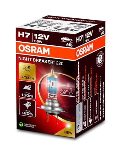 OSRAM NIGHT BREAKER 220, H7, +220% di luminosità in più, lampada faro alogena, 64210NB220, scatola pieghevole (1 lampada)