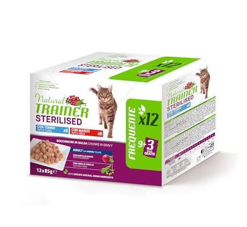 Natural Trainer Cibo Umido per Gatti Adulti Sterilizzati Multipack Tonno e Manzo 12 x 85g