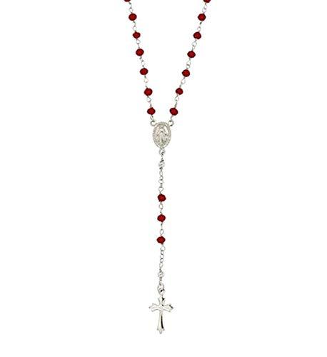 Collana Rosario in Argento 925 con Perline Rosse, Croce e Medaglietta Madonna - Linea Italia Gioielli