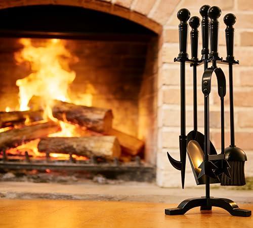 Kingson Moderno set di attrezzi per caminetto in ghisa, spazzola, pala, attizzatoio e pinze, 19,5 x 17 x 46 cm, elegante accessorio per bruciatore a legna e set di accessori per caminetto