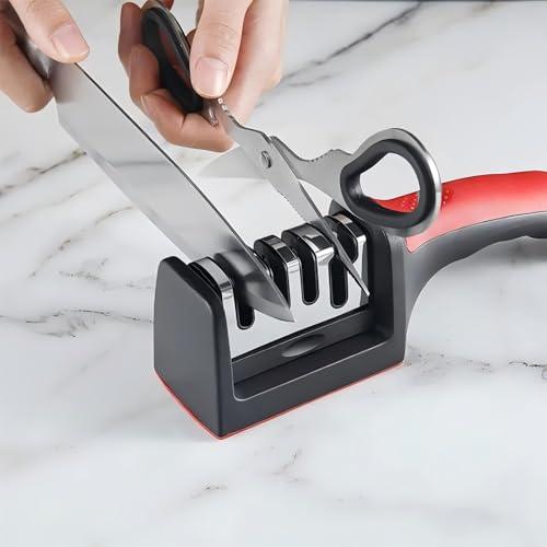 Affilacoltelli 4 in 1 a quattro stadi portatile da esterno per coltelli da cucina, base rossa e nera, riparazione lama altamente efficace, strumento per affilare i coltelli accessori da cucina