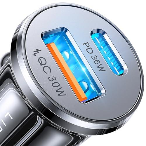 LISEN Carica Batteria per Auto, 66W [Doppia Porta QC 3.0 USB A & USB C] Caricatore Auto USB Auto Accendisigari 12v Auto USB presa accendisigari USB C con iPhone 16/15 /14, iPad, Samsung S24, Xiaomi
