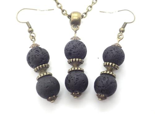 Set Collana e Orecchini Bronzo con Perle di Lava Nera e Tibetane