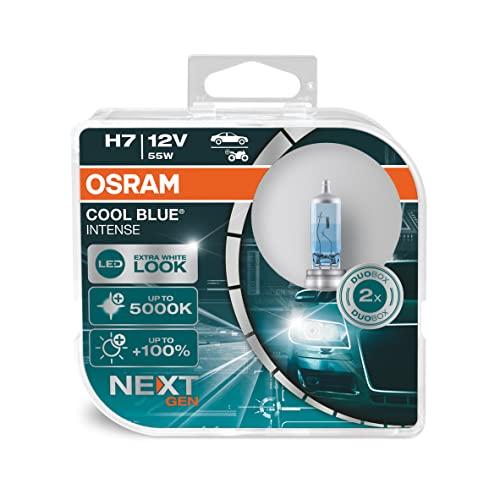 OSRAM COOL BLUE INTENSE H7, +100% di luminosità in più, fino a 5.000 K, lampada frontale alogena, aspetto LED, scatola pieghevole sospesa (2 lampade)