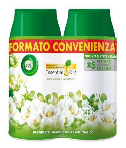 Air Wick Freshmatic Profumatore per Ambienti, 2 Ricariche Spray Automatico, Fragranza Fresia Bianca e Gelsomino, Profumo da 250 ml