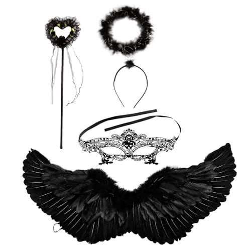 Set Costume Angelo Nero: Ali, Aureola, Bacchetta e Maschera
