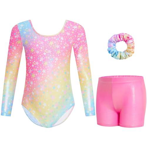 Gogokids - Set da ginnastica da 3 pezzi, con body a maniche lunghe, pantaloncini e fiocco per capelli, body da balletto scintillante con design sfumato, per bambine da 3-12 anni, arcobaleno, 110(100