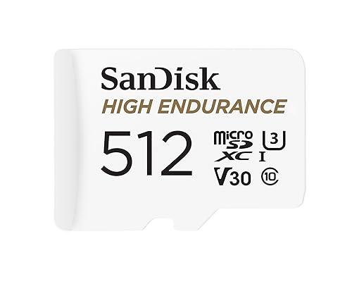 Scheda microSD SanDisk High Endurance per videosorveglianza da 512 GB + Adattatore SD, fino a 100 MB/sec, Classe 10, U3, V30