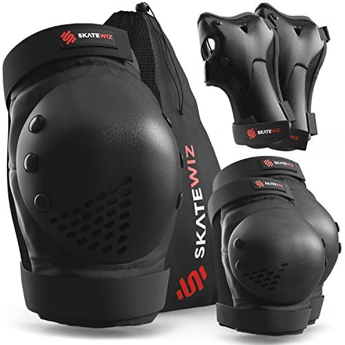 SKATEWIZ Protezioni Pattini Adulto - Kit di Protezione Skateboard Completo - Taglia L Nero