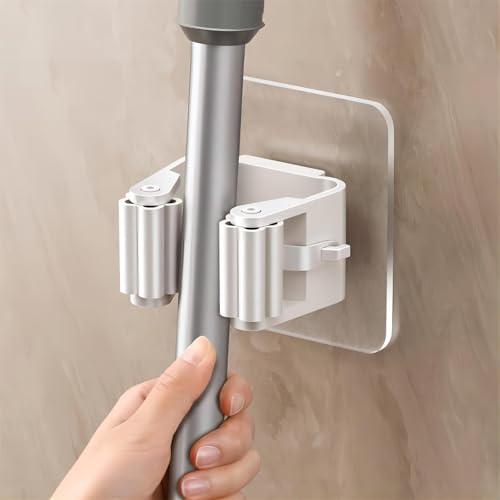 4 ganci per scopa e mocio, in plastica, facile da installare, senza trapano, adesivo forte