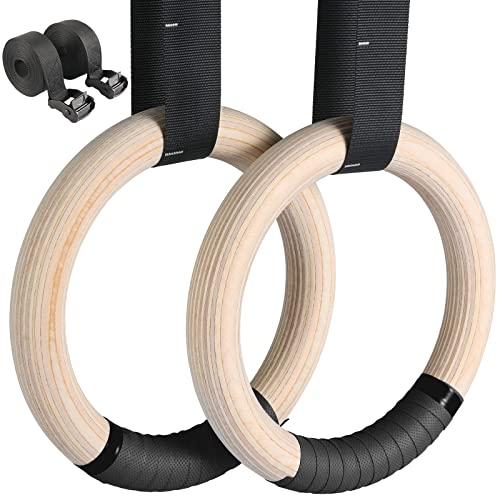 LIFERUN Anelli da Ginnastica, 32 mm/ 28 mm, Anelli da Ginnastica olimpica con Fascia, Cinghie Regolabili e marcatori, Anelli per Allenamento Completo (Legno - 28mm)