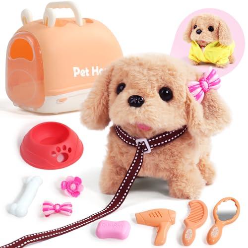 TONZE Giochi Bambini 2 Anni Elettronico Cane Giocattolo che Cammina e Abbaia, Peluche Cane Robot con Cassa, Guinzaglio e Mantello, Cagnolino che Abbaia e Cammina, Regalo Bambina 2 3 4 5 Anni