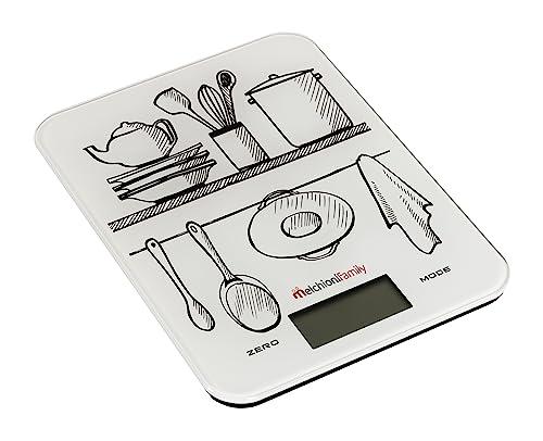 Melchioni Family | Bilancia Cucina Digitale Ultrasottile, GLASS, Bilancia da Cucina con Display, Capacità 10 kg, Vetro Temprato, Bianca con Fantasia