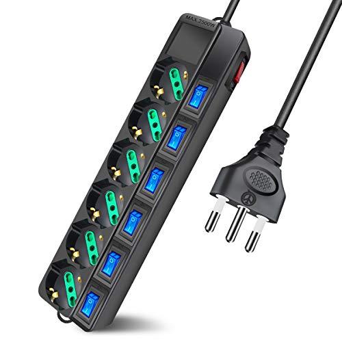 Extrastar Multipresa ciabatta elettrica 6 Posti 10/16A Bipasso Schuko 250V Max:2500W con interruttori indipendenti 1,5MT (Nero)