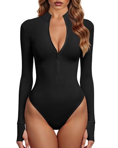 Body da Donna con Zip Frontale a Maniche Lunghe GJY, Nero, S